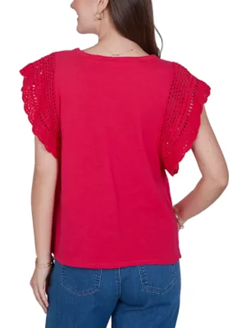 Plus Crochet Sleeve Solid Cotton Shirt