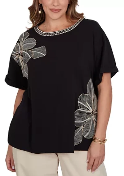 Plus Floral Noir Embroidered Knit T-Shirt