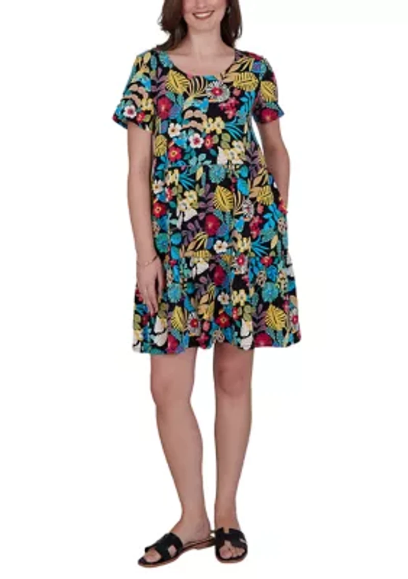 Plus Tropical Print Tiered Cotton Knit Pocket Dress