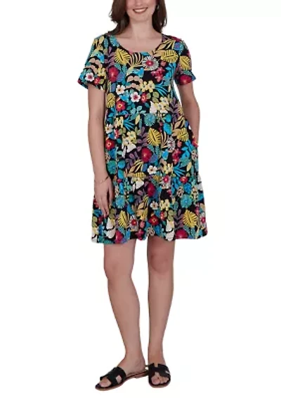 Plus Tropical Print Tiered Cotton Knit Pocket Dress