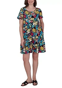 Plus Tropical Print Tiered Cotton Knit Pocket Dress