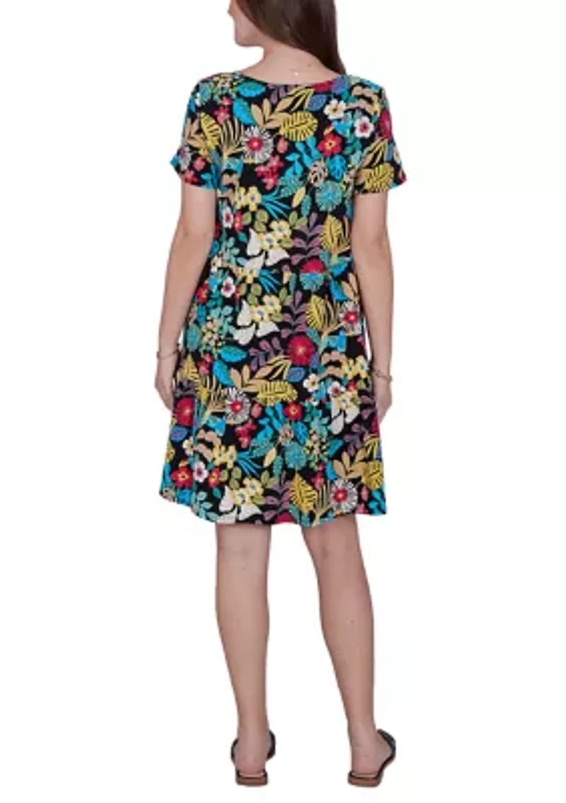 Plus Tropical Print Tiered Cotton Knit Pocket Dress