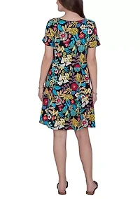 Plus Tropical Print Tiered Cotton Knit Pocket Dress
