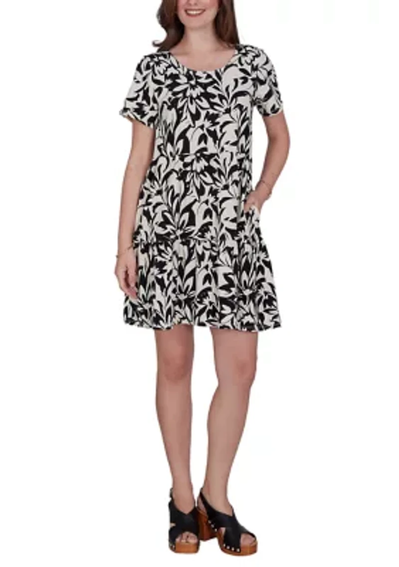 Mono Floral Tiered Cotton Knit Pocket Dress