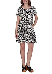Mono Floral Tiered Cotton Knit Pocket Dress