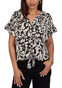 Petite Mono Floral Button Tie Front T-Shirt