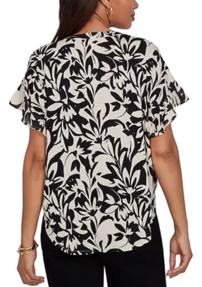 Petite Mono Floral Button Tie Front T-Shirt