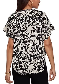 Petite Mono Floral Button Tie Front T-Shirt
