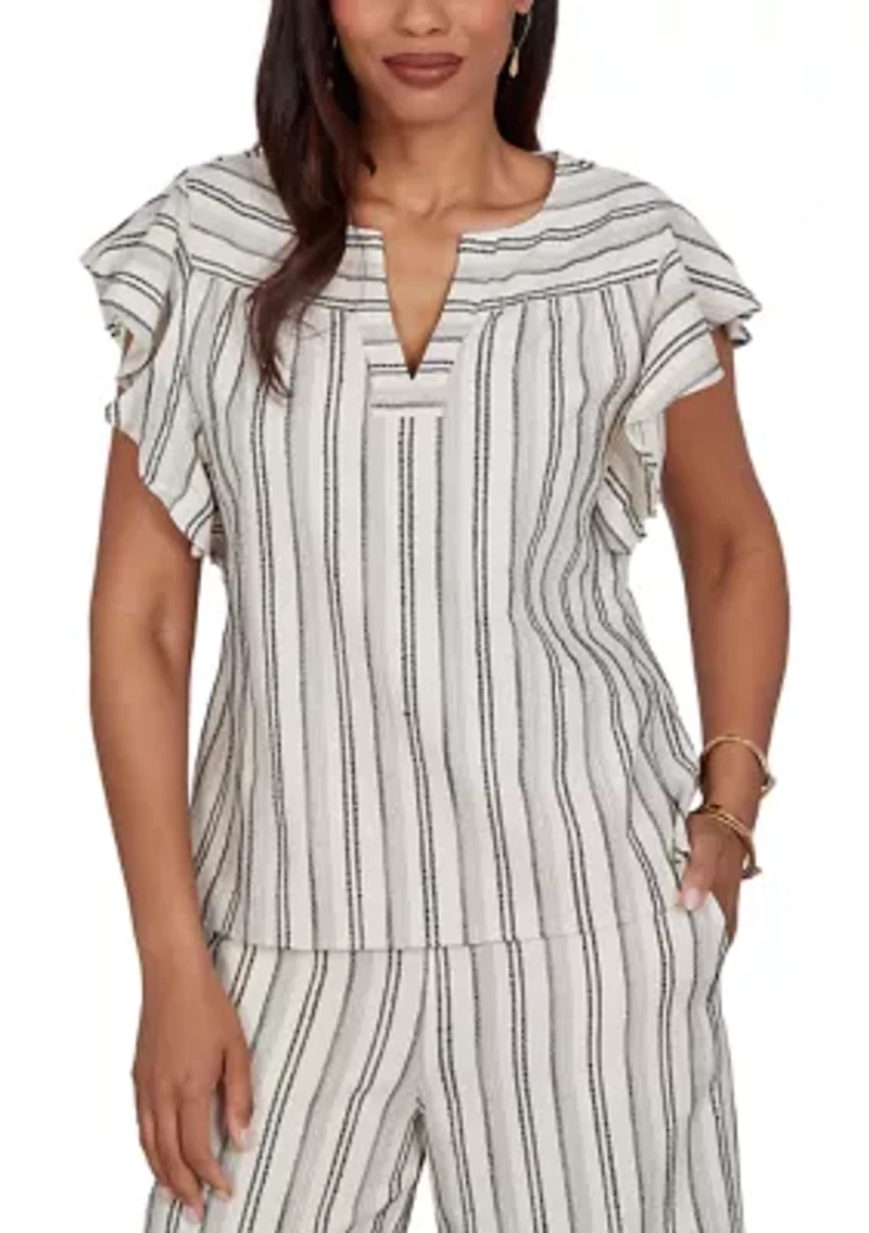 Petite Flutter Sleeve Textured Stripe Top