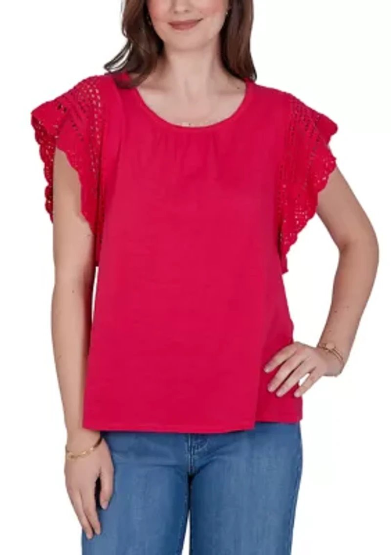 Petite Crochet Sleeve Solid Cotton Top