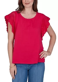 Petite Crochet Sleeve Solid Cotton Top