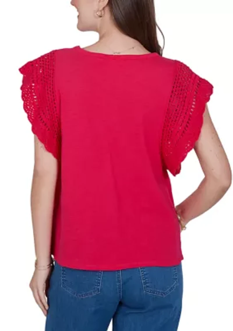 Petite Crochet Sleeve Solid Cotton Top