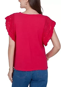 Petite Crochet Sleeve Solid Cotton Top