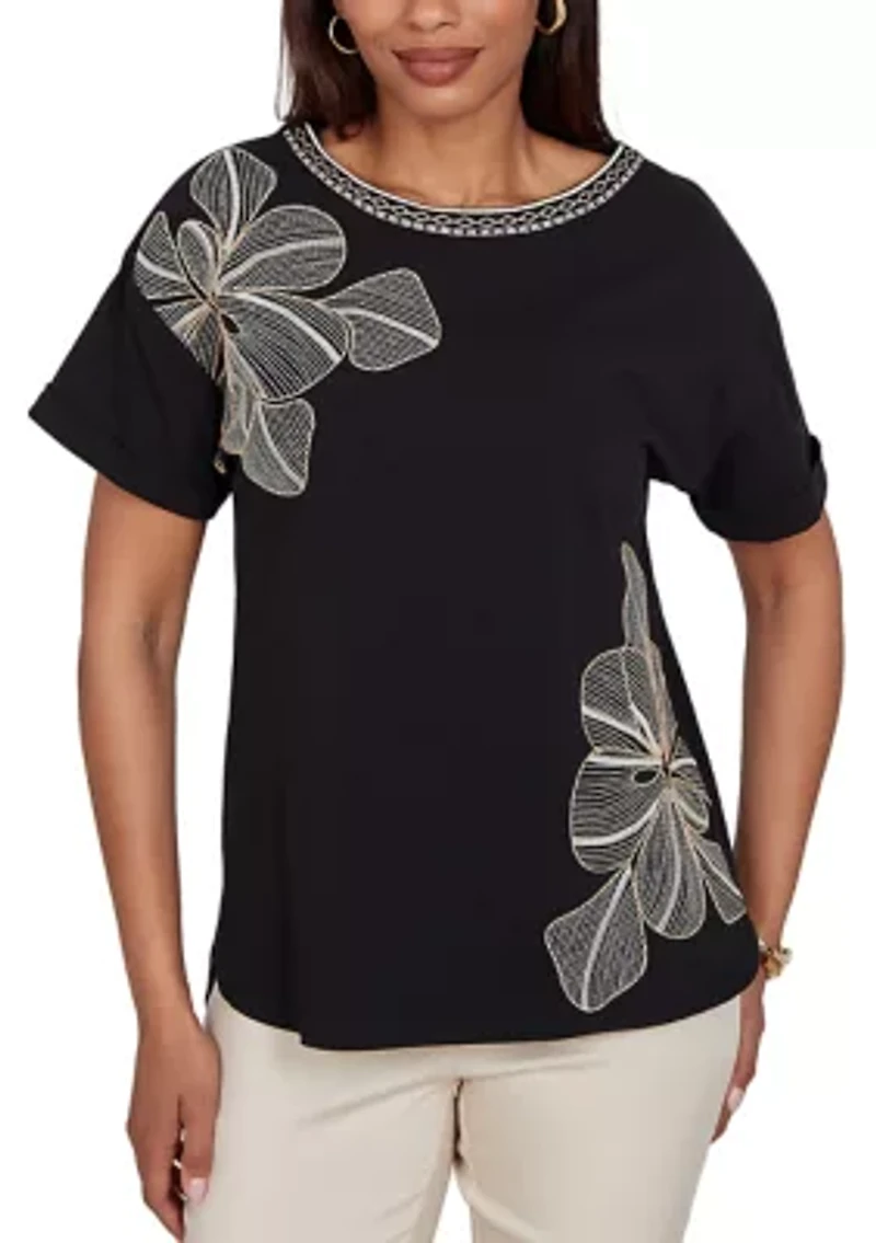 Petite Floral Noir Embroidered Knit T-Shirt