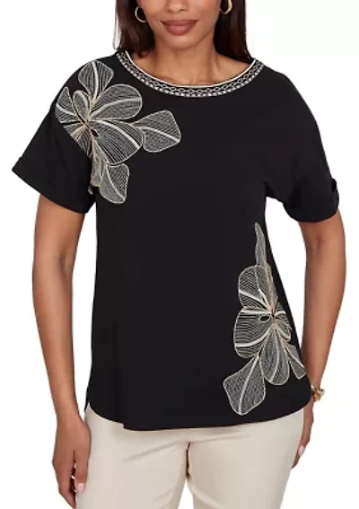 Petite Floral Noir Embroidered Knit T-Shirt