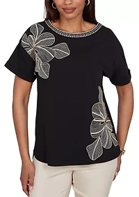 Petite Floral Noir Embroidered Knit T-Shirt