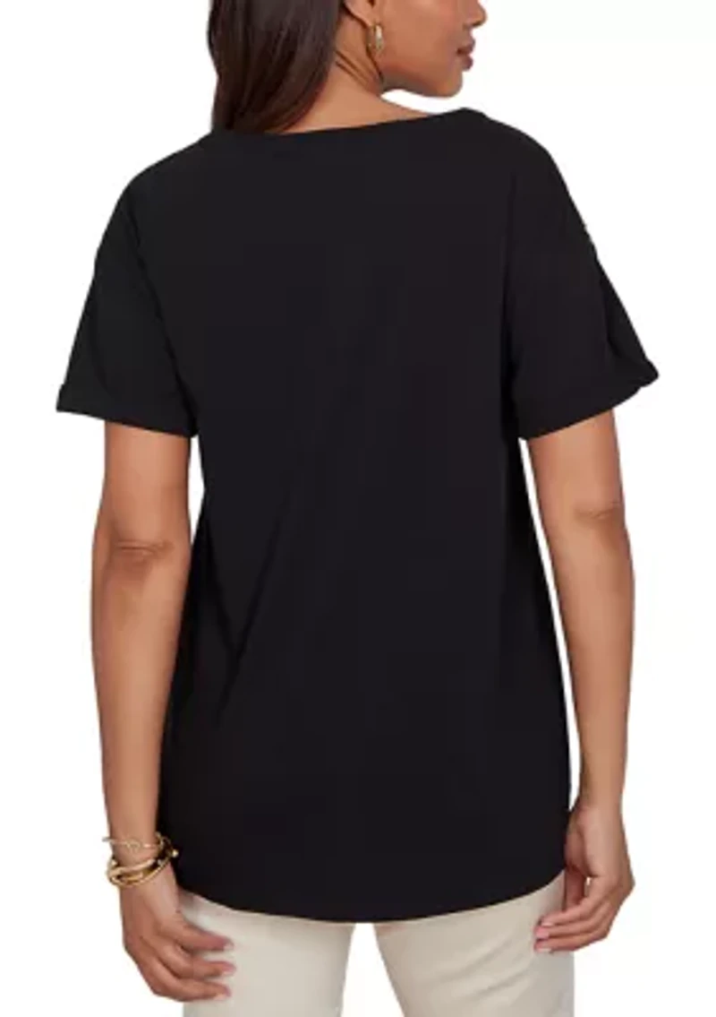 Petite Floral Noir Embroidered Knit T-Shirt