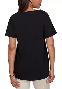 Petite Floral Noir Embroidered Knit T-Shirt