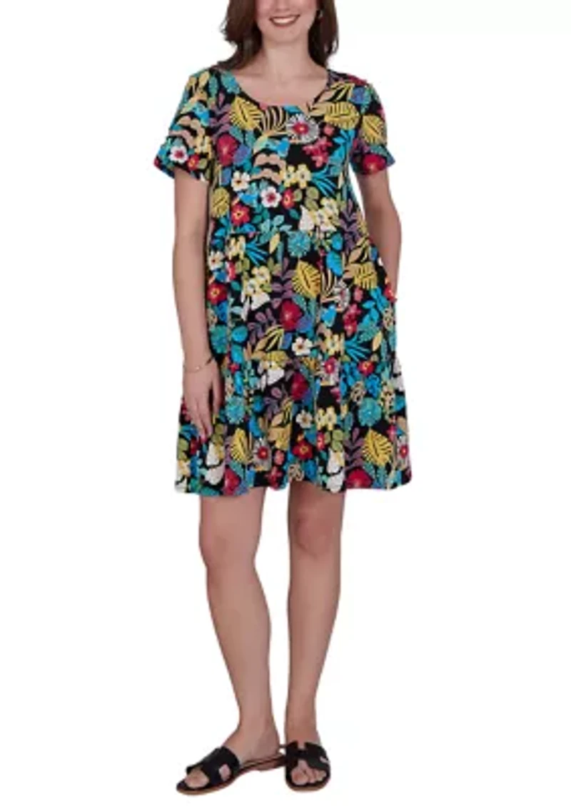 Petite Tropical Print Tiered Cotton Knit Pocket Dress