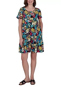 Petite Tropical Print Tiered Cotton Knit Pocket Dress
