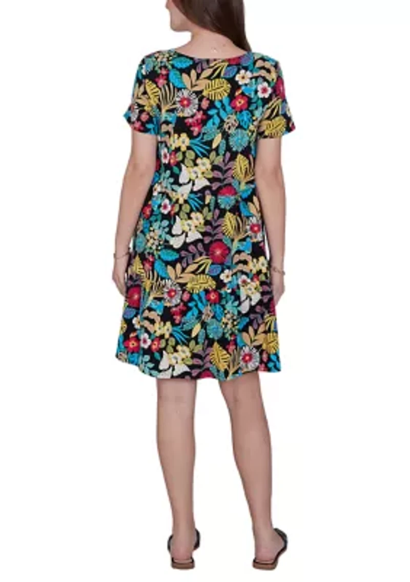 Petite Tropical Print Tiered Cotton Knit Pocket Dress