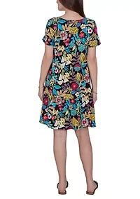 Petite Tropical Print Tiered Cotton Knit Pocket Dress