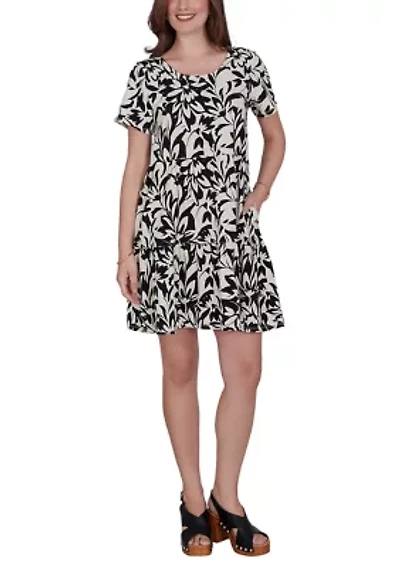 Petite Mono Floral Tiered Cotton Knit Pocket Dress