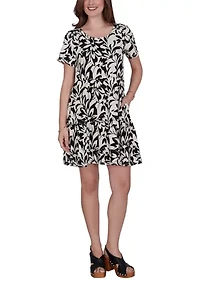Petite Mono Floral Tiered Cotton Knit Pocket Dress