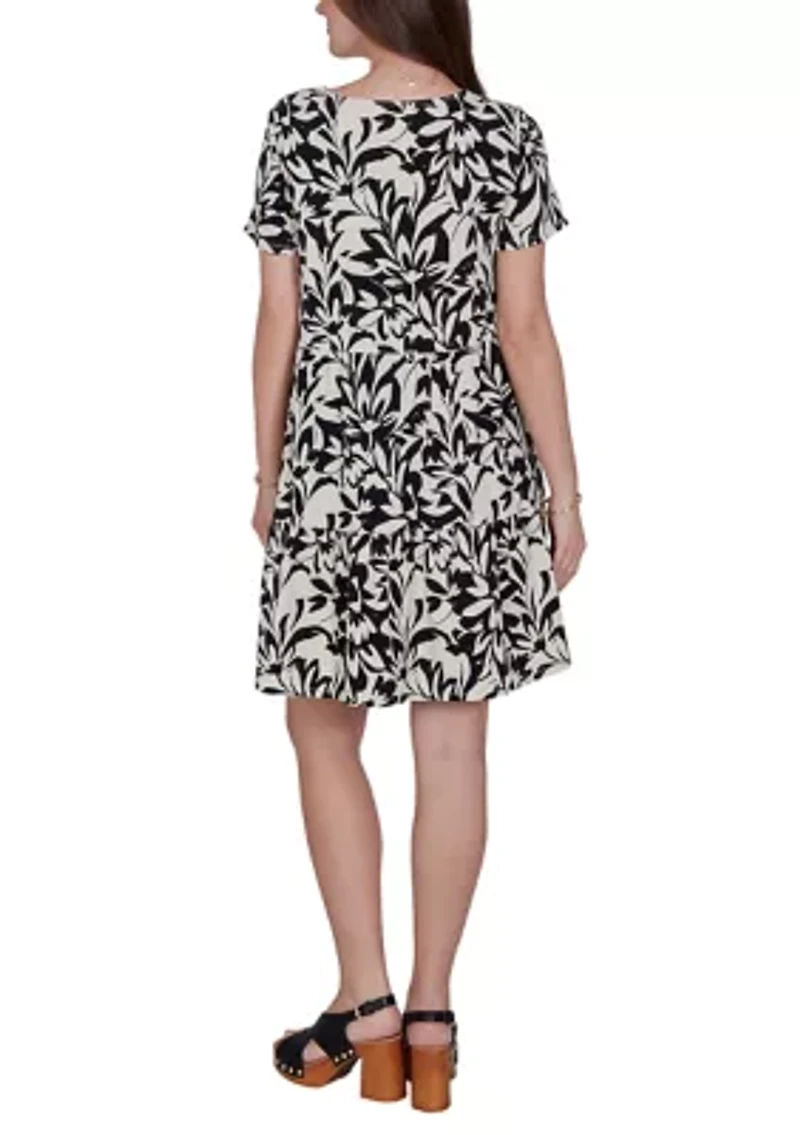 Petite Mono Floral Tiered Cotton Knit Pocket Dress