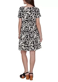 Petite Mono Floral Tiered Cotton Knit Pocket Dress