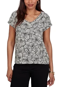 Women's Monotone Petals Print Knit Trim Top