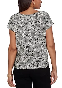 Women's Monotone Petals Print Knit Trim Top