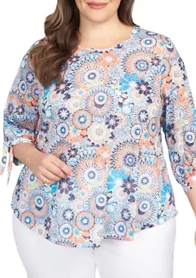 Plus Knit Medallion Burnout Tie Sleeve Top