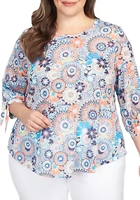 Plus Knit Medallion Burnout Tie Sleeve Top