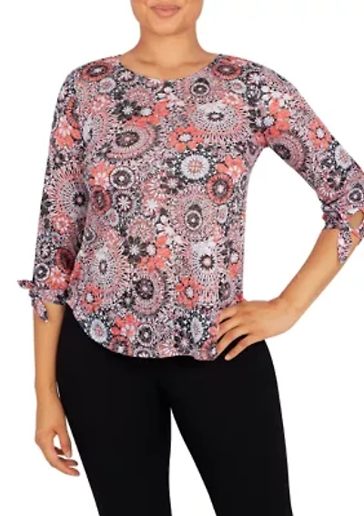 Plus Knit Medallion Burnout Tie Sleeve Top