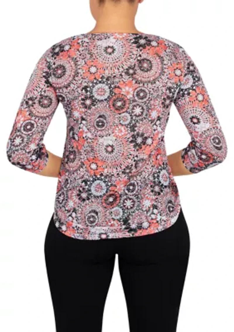 Plus Knit Medallion Burnout Tie Sleeve Top