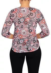 Plus Knit Medallion Burnout Tie Sleeve Top