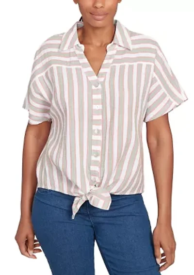 Women's Crinkle Stripe Tie-Front Button Down T-Shirt