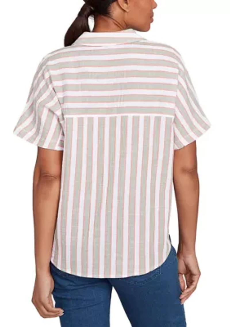 Women's Crinkle Stripe Tie-Front Button Down T-Shirt