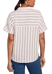 Women's Crinkle Stripe Tie-Front Button Down T-Shirt