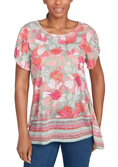 Floral Striped Border Flutter Sleeve T-Shirt