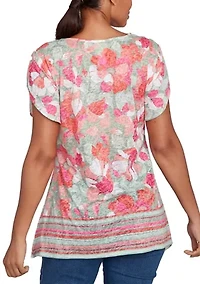 Floral Striped Border Flutter Sleeve T-Shirt