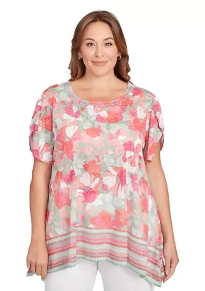 Plus Floral Striped Border Flutter Sleeve T-Shirt