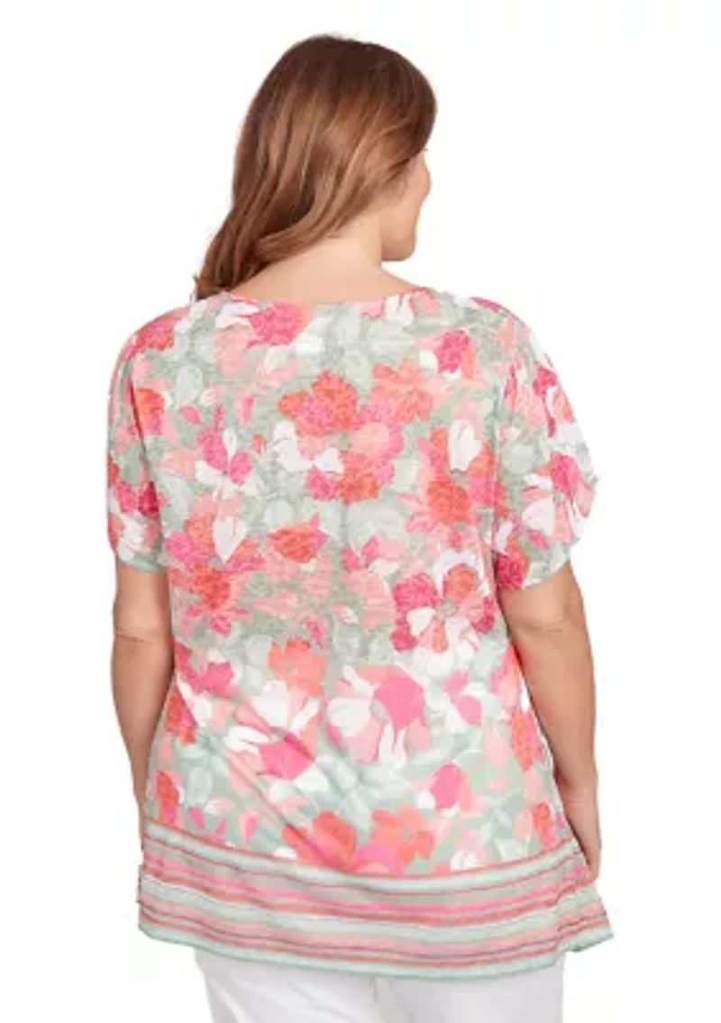 Plus Floral Striped Border Flutter Sleeve T-Shirt