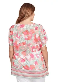 Plus Floral Striped Border Flutter Sleeve T-Shirt