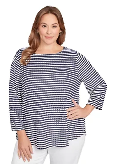 Plus Scalloped Texture Stripe Top
