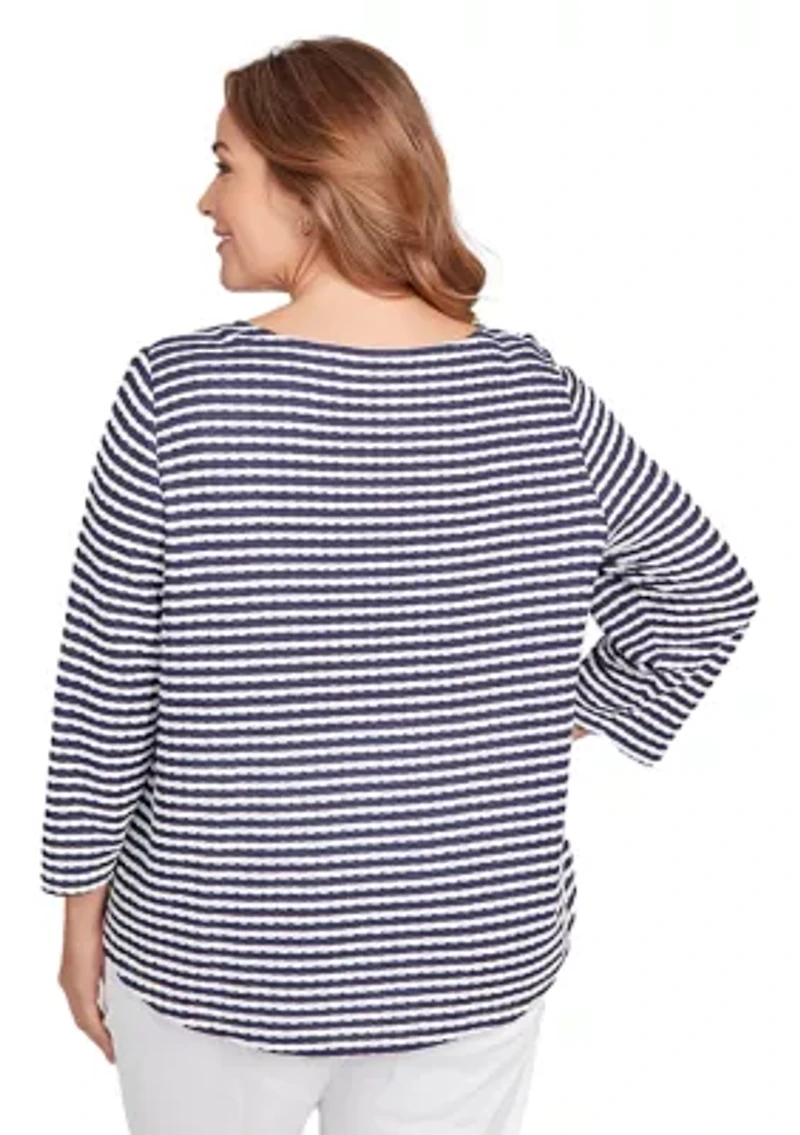 Plus Scalloped Texture Stripe Top