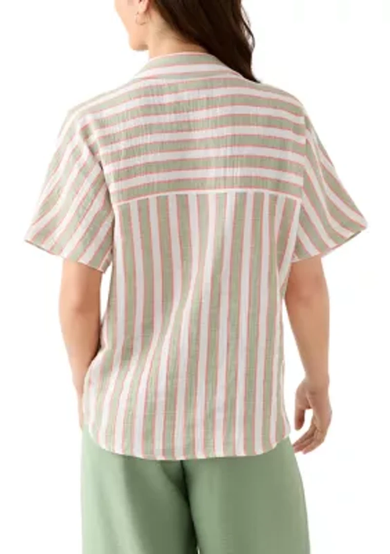 Petite Yarn-Dyed Short Sleeve Collared Shirt with Tie Front