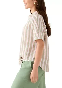 Petite Yarn-Dyed Short Sleeve Collared Shirt with Tie Front