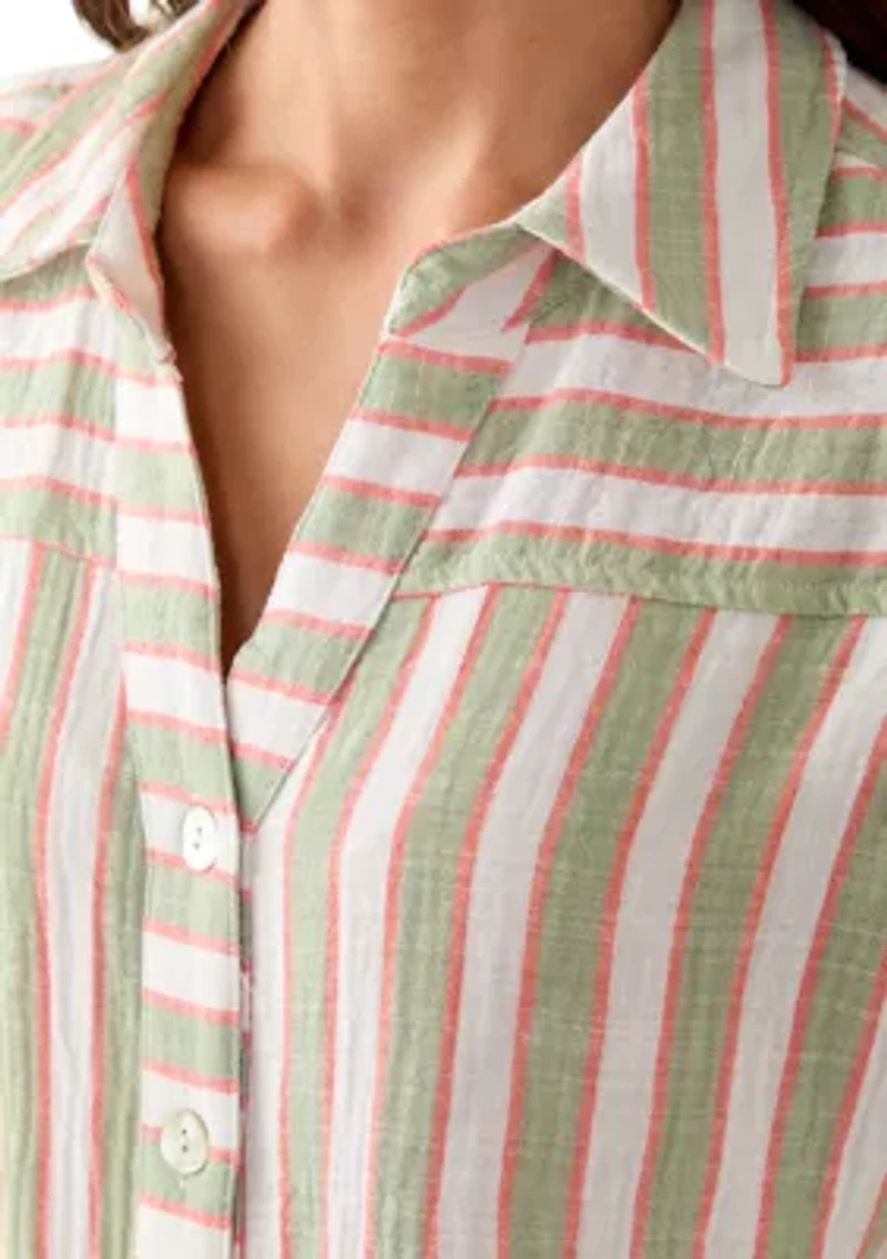 Petite Yarn-Dyed Short Sleeve Collared Shirt with Tie Front